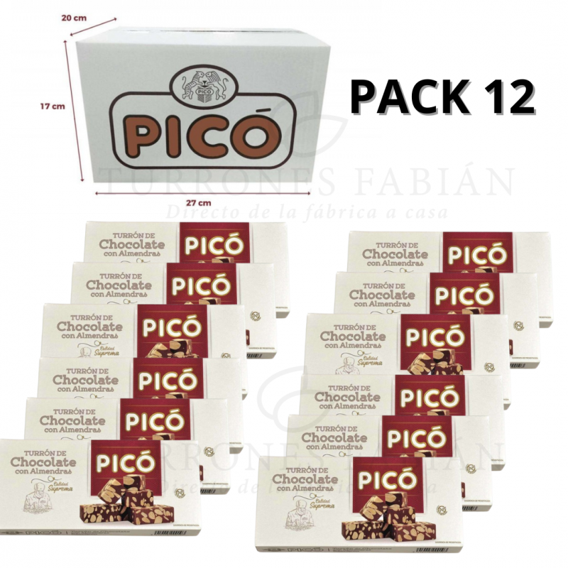 CAJA DE 12 UNIDADES DE TURRON DE CHOCOLATE CON ALMENDRAS PICO 250GRS