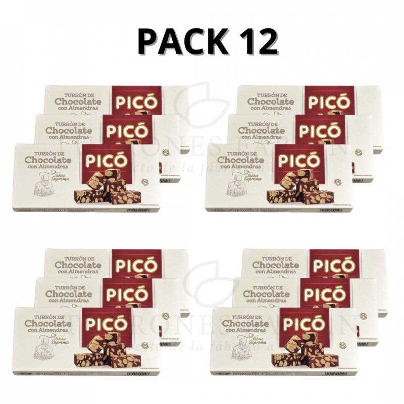 12 UNIDADES DE TURRON DE CHOCOLATE CON ALMENDRAS PICO 250GRS