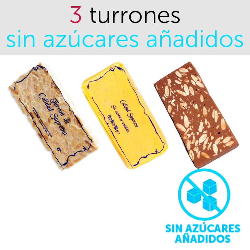 Pack 3 turrones sin azúcares añadidos duro blando chocolate con almendras