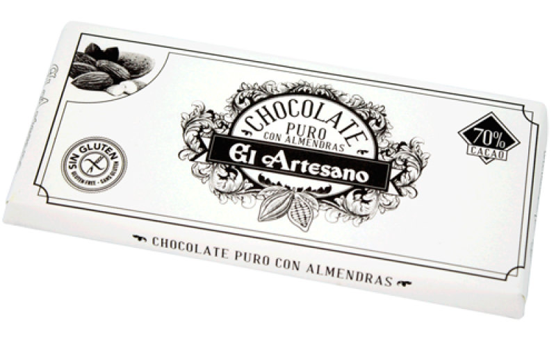 Chocolate puro al 70% cacao con almendras 150grs marca El Artesano