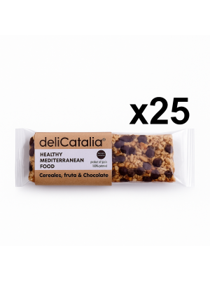 Expositor 25 unidades de barritas energeticas de cereales con fruta variada y chocolate 50 g DeliCatalia