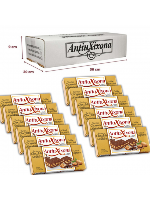 Caja de 12 unidades de Turrón de Chocolate con Almendras Antiu Xixona etiqueta blanca 200gr