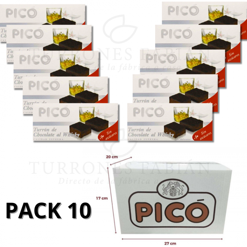 CAJA DE 10 UNIDADES DE TURRON DE CHOCOLATE AL WHISKY PICO 200GRS