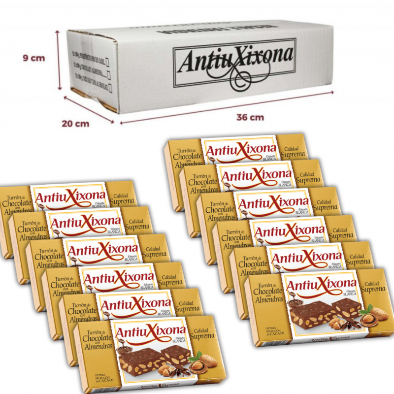 CAJA DE 12 UNIDADES DE TURRON DE CHOCOLATE CON ALMENDRAS ANTIUXIXONA 200G