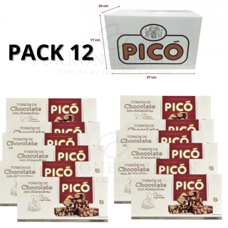 CAJA DE 12 UNIDADES DE TURRON DE CHOCOLATE CON ALMENDRAS PICO 200 GRS