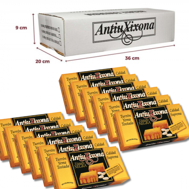 CAJA DE 12 UNIDADES DE TURRON DE YEMA TOSTADA ANTIUXIXONA ETIQ NEGRA 