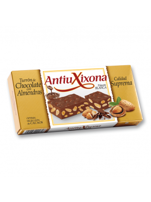 Caja de 12 unidades de Turrón de Chocolate con Almendras Antiu Xixona etiqueta blanca 200gr