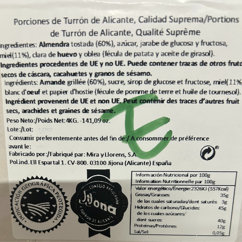 TABLA DE INGREDIENTES TURRON DE ALICANTE
