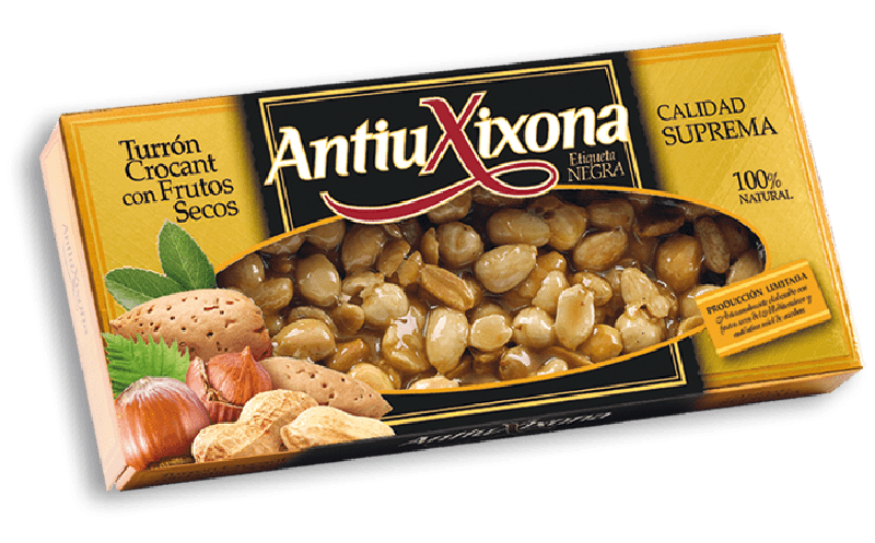Turrón Crocant con Frutos Secos etiqueta negra Antiu Xixona