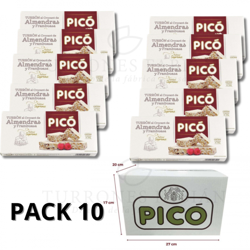 CAJA DE 10 UNIDADES DE TURRON AL CONCANT DE ALMENDRA Y FRAMBUESA PICO 200GRS