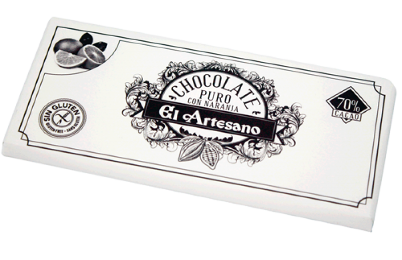 Turron de chocolatecacao 70% con naranja marca El Artesano 125 grs 