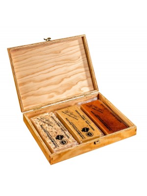 Caja de madera con tapa para 3 turrones (vacía) - Madera Natural de Pino Barnizada - Formato Estuche con visagras doradas
