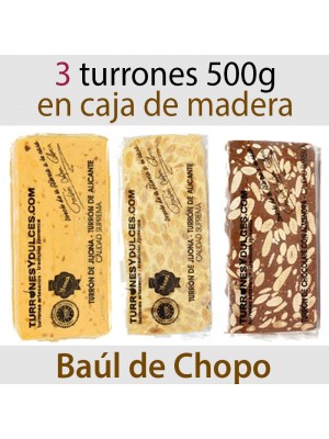 Lote de 3 Turrones de 500 gramos en Baúl de Chopo (Jijona, Alicante,Chocolate c/Almendras)