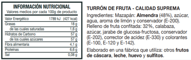 Información Nutricional Turrón de Fruta