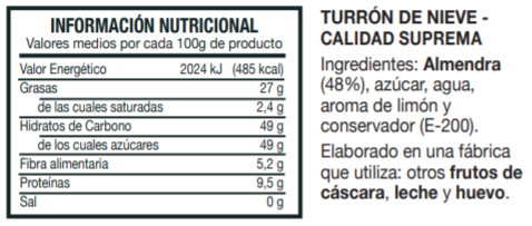 Información Nutricional Turrón de Nieve