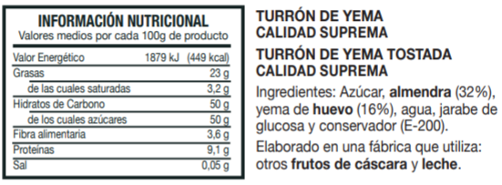 Información Nutricional Turrón de Yema